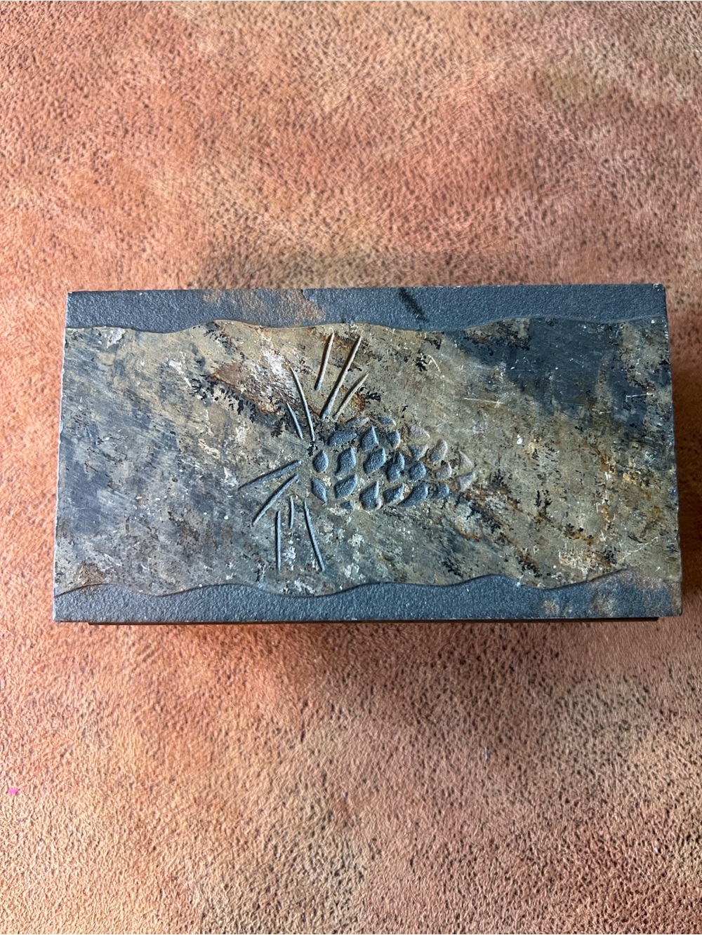 Handcrafted Antique Metal Accent Box with pinecone imprint